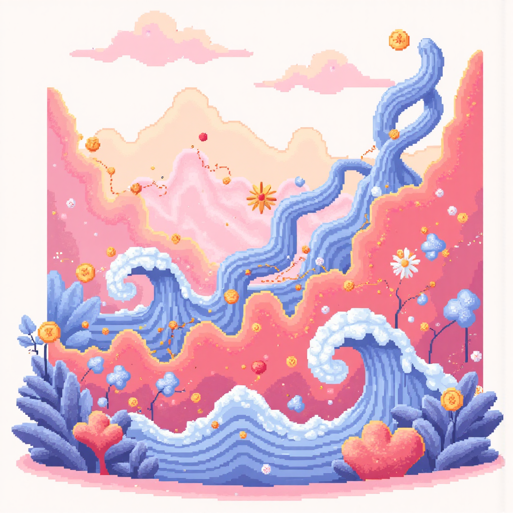 金融市場圖表中動態波浪圖案與黃金比例螺旋交織的輕快插圖,呈現柔和粉彩色調,傳達樂觀與清晰的氛圍