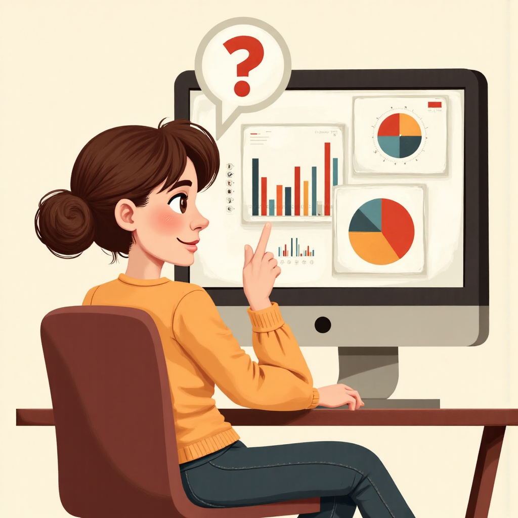 a person thoughtfully comparing two charts on a screen, one digital and one hand-drawn, with a question mark above their head in a warm, inviting illustration style